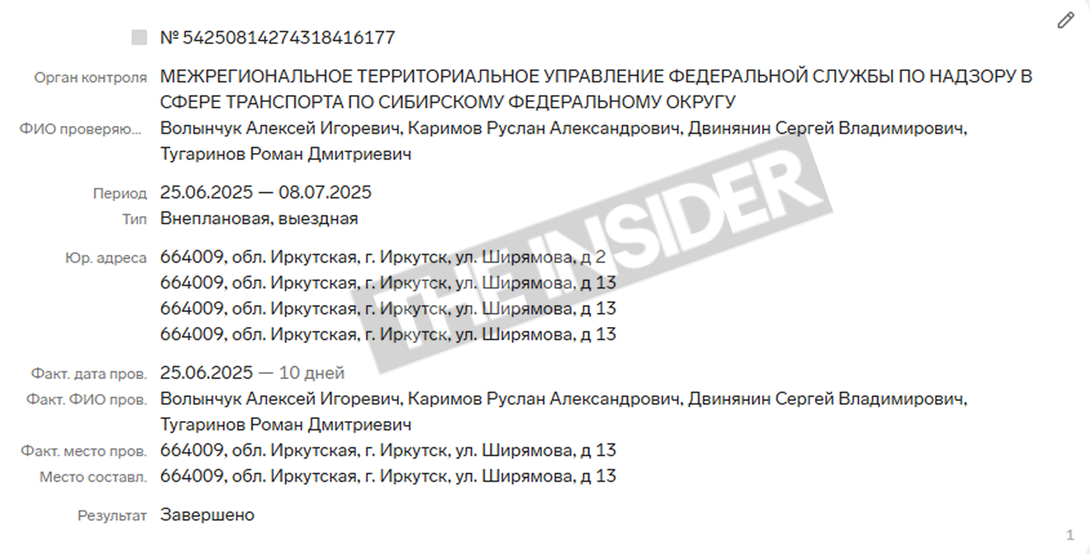 Результаты внеплановой проверки авиакомпании «Ангара» 25.06–08.07.2025