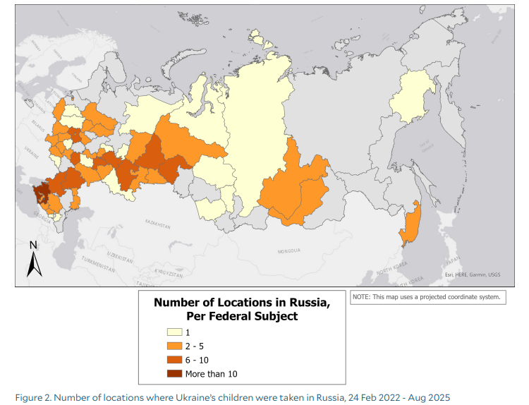 Карта регионов, в которые вывезли украинских детей с начала полномасштабного вторжения