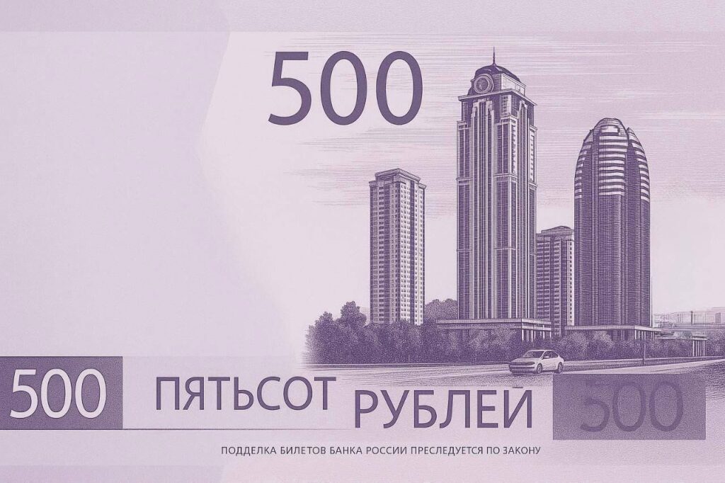 Один из предлагаемых вариантов дизайна новой 500-рублевой купюры — с изображением «Грозный-Сити»