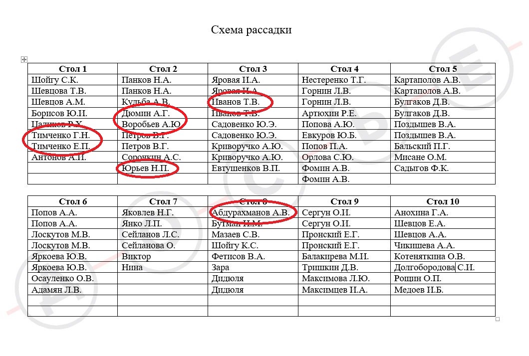 Рассадка гостей на юбилее замминистра обороны Татьяны Шевцовой