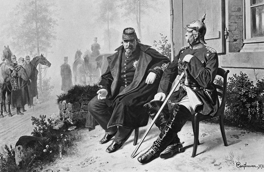 Плененный под Седаном французский император Наполеон III и Отто фон Бисмарк