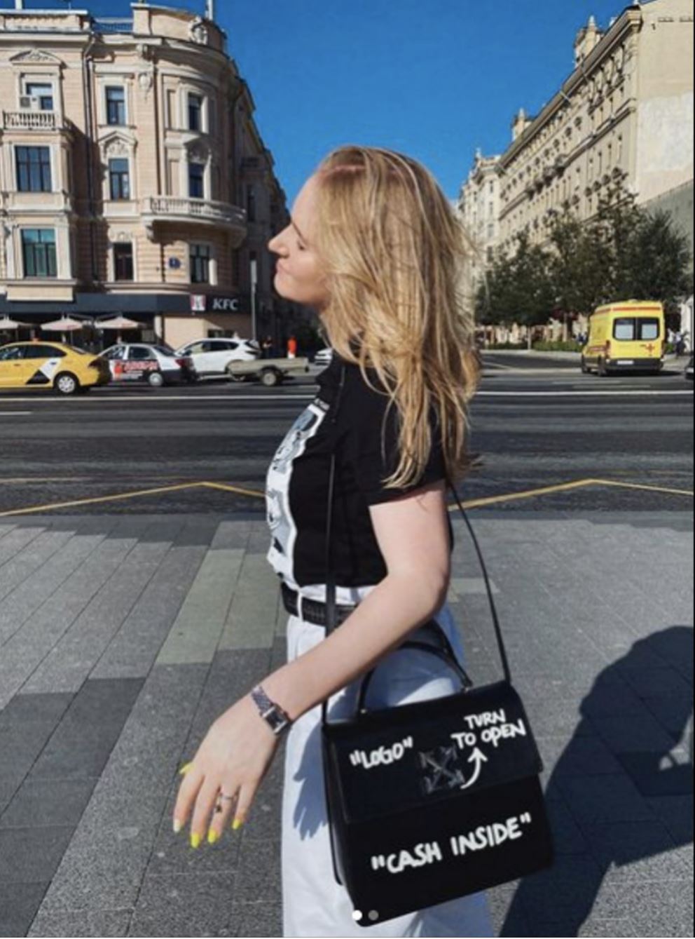 Vassilisa Karelina (daughter of State Duma deputy and Federation Council member Alexander Karelin) with her Off-White 1.4 Jitney bag (82,600 rubles)
