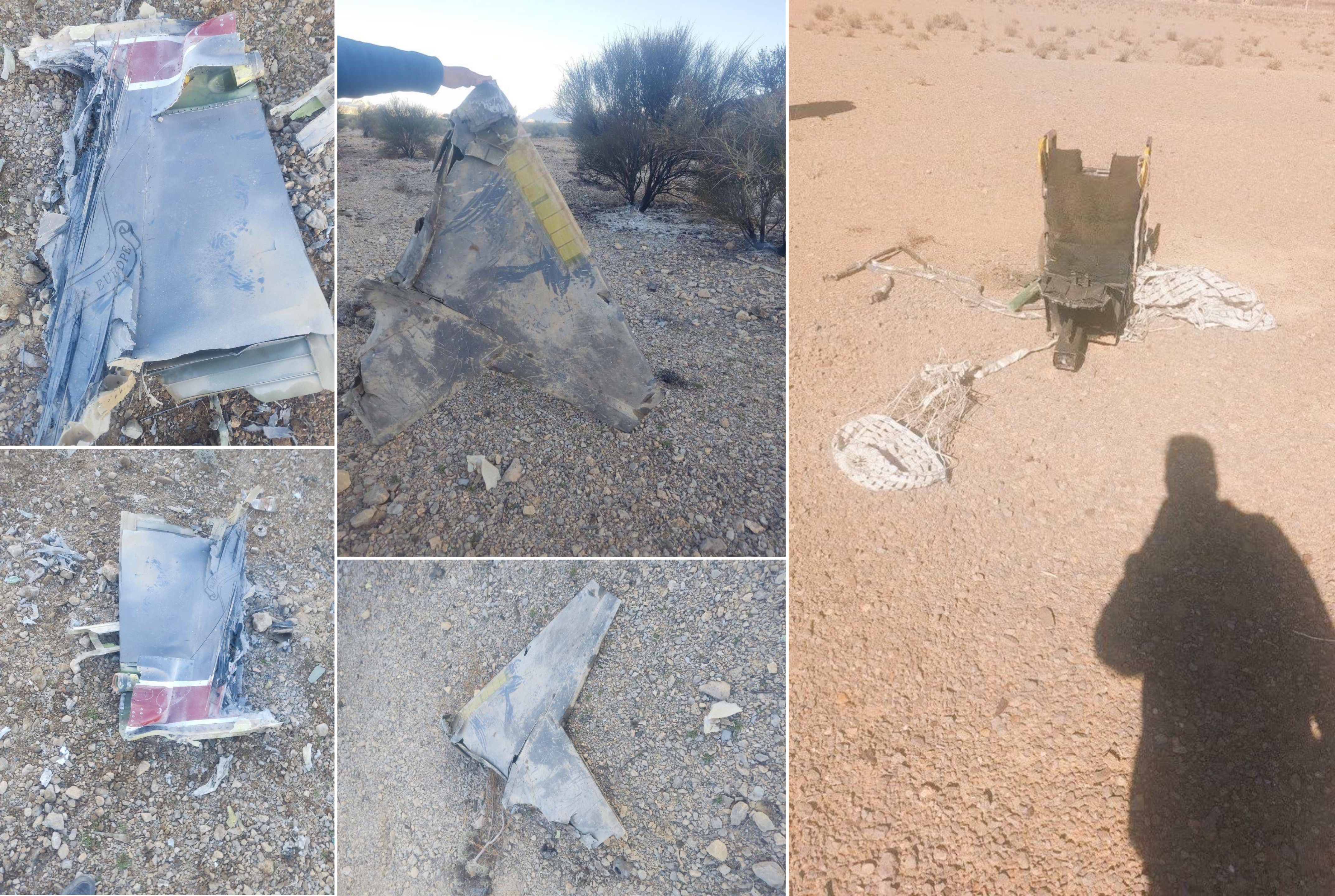 Обломки истребителя. На первых двух вертикальных фото видны остатки вертикального стабилизатора F-15E. Правое фото — катапультное кресло с парашютом