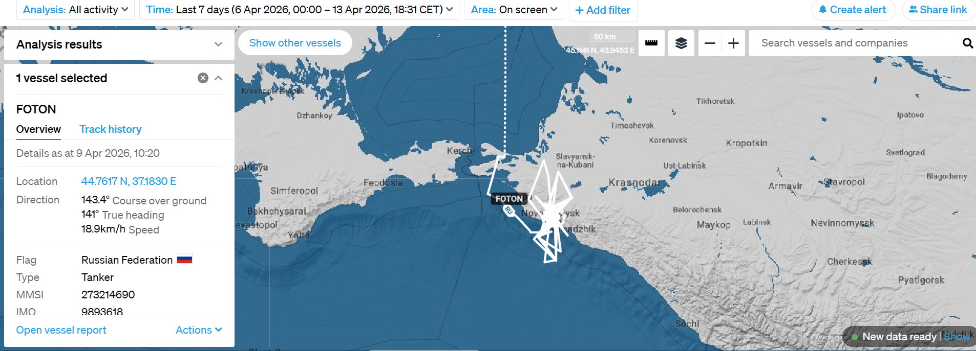 Траектория движения российского танкера Foton с 6 по 13 апреля на основе данных AIS