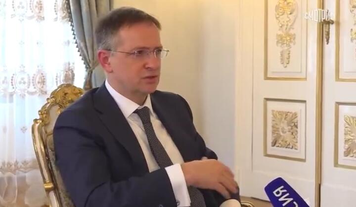 Vladimir Medinsky during an interview with Russian state TV broadcaster VGTRK. 