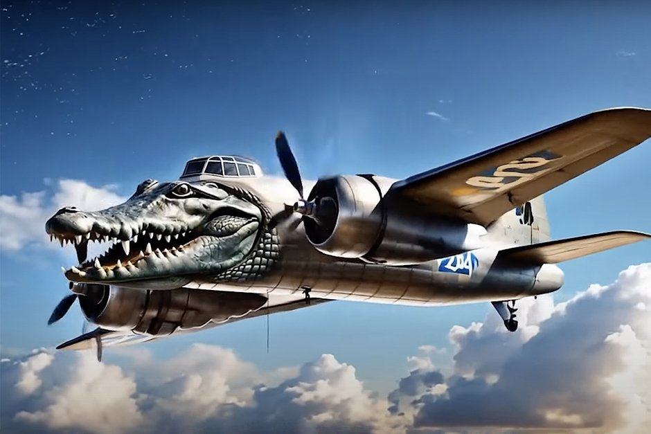 Фото: один из персонажей итальянских «брейнрот»-видео Бомбардиро Крокодило («гибрид» крокодила и самолета-бомбардировщика), ставший популярным весной этого года  