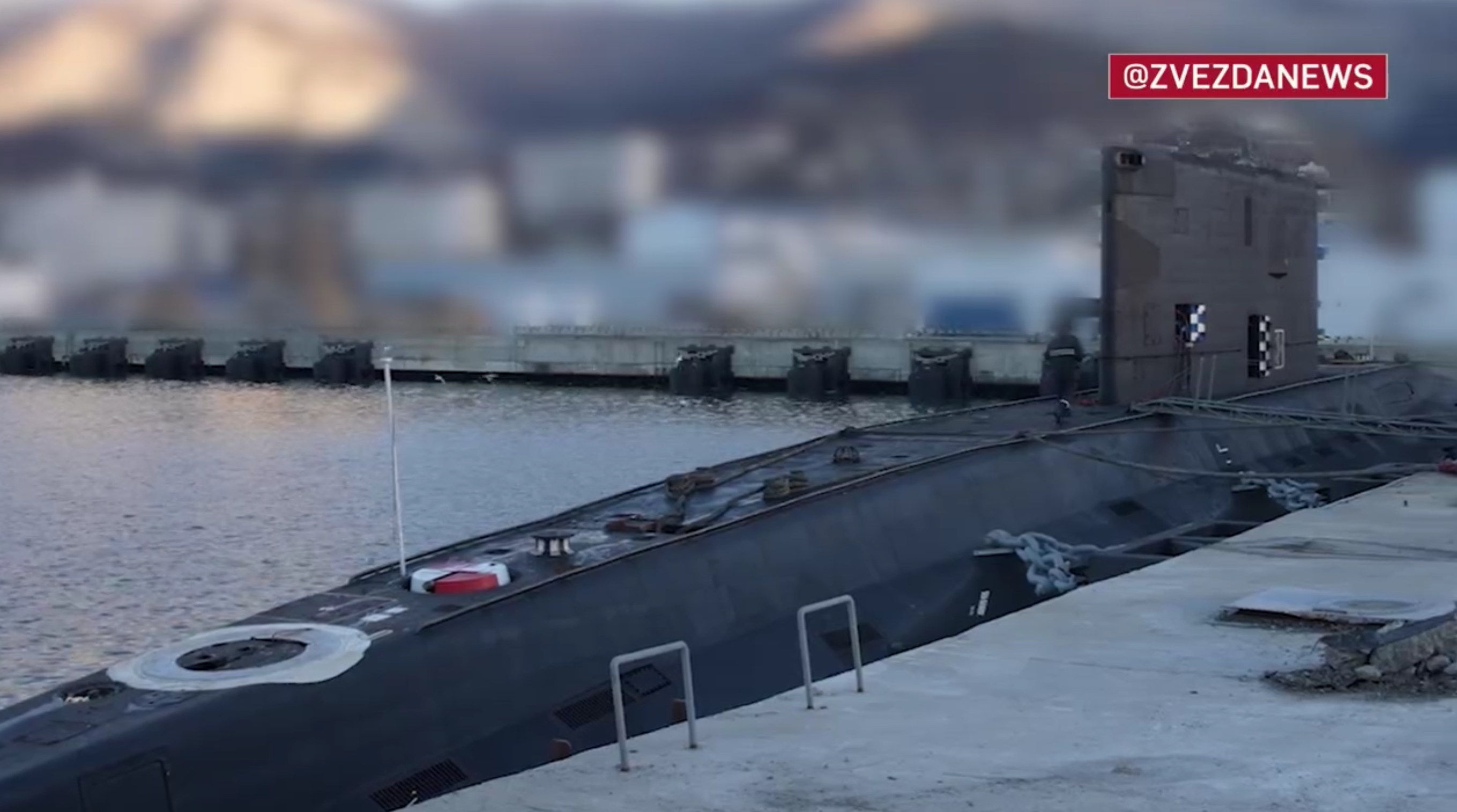 Partially blurred footage of the submarine shared by Zvezda following the drone attack in Novorossiysk. Screenshot: Zvezda (@zvezdanews / Telegram)